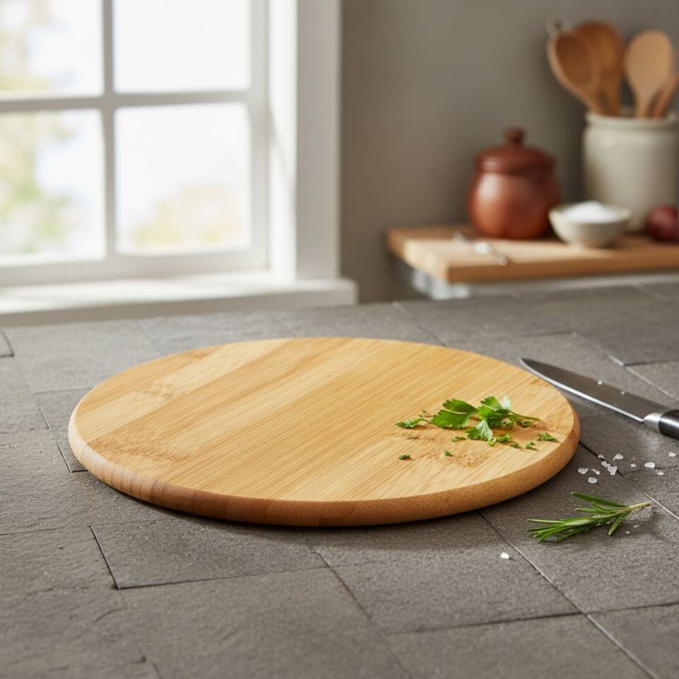 Yuvarlak Bambu Dönerli Kesme Sunum Tahtası Pizza Tabağı Mutfak Aksesuarı 25 cm