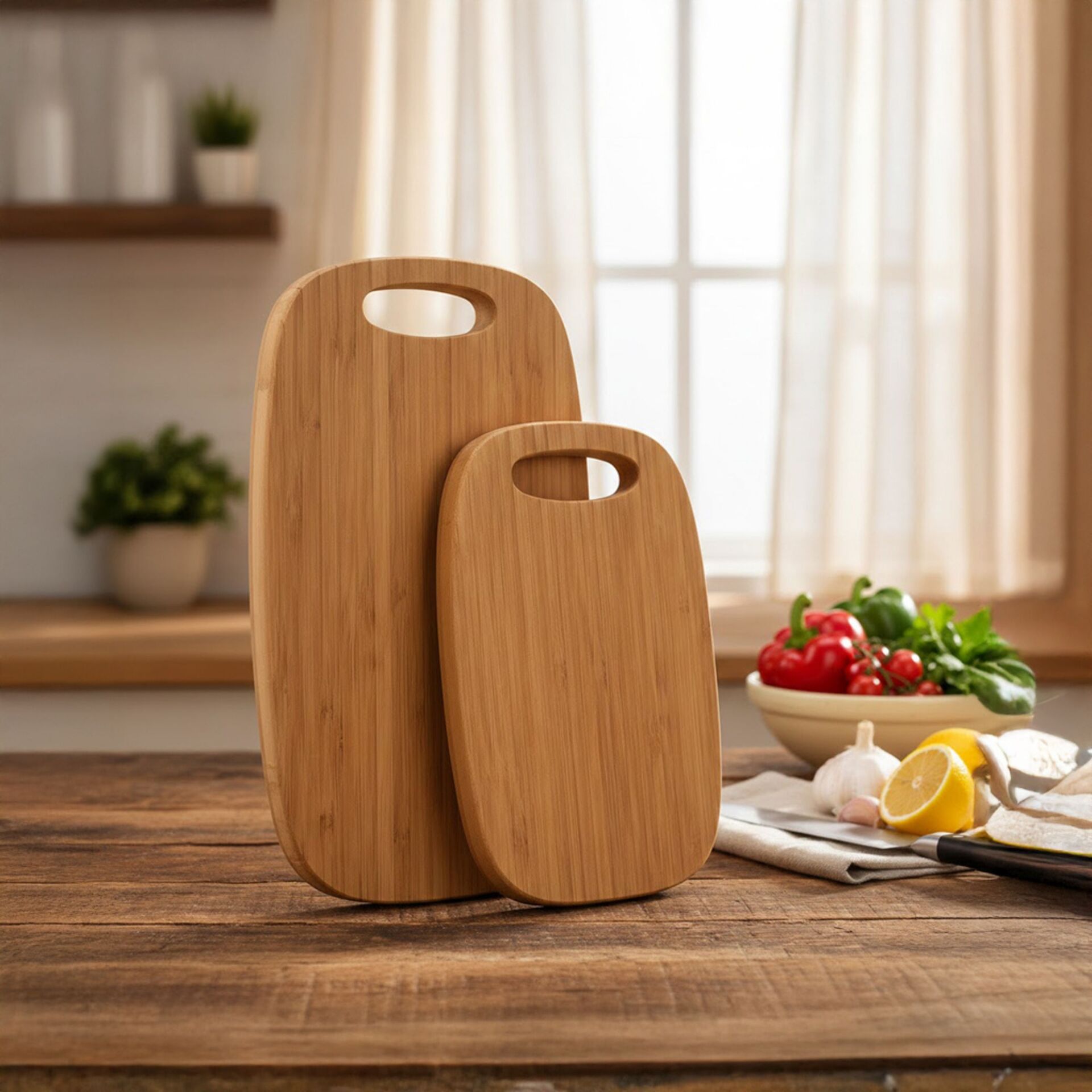 Bambu Kesme Tahtası Seti 2'li Ahşap Mutfak Doğrama Tahtası Kulplu