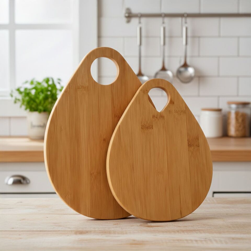 Bambu Kesme Tahtası Seti 2'li Damlacık Tasarım Doğal Ahşap Sunum Tahtası