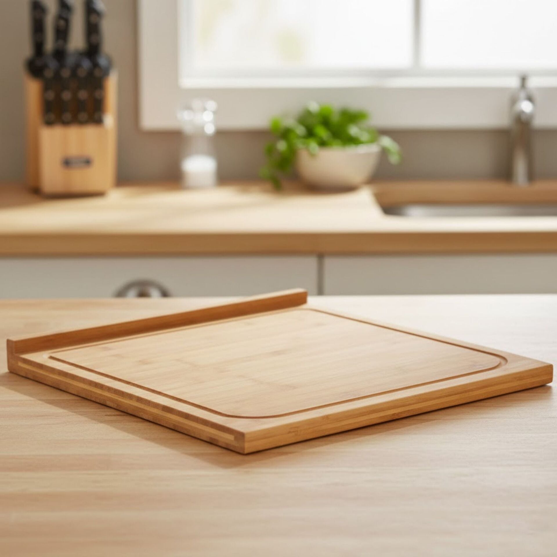 Bambu Doğal Ahşap Kesme Tahtası Suyu Toplama Kanalı Kesim Tahtası Et Ekmek Sebze