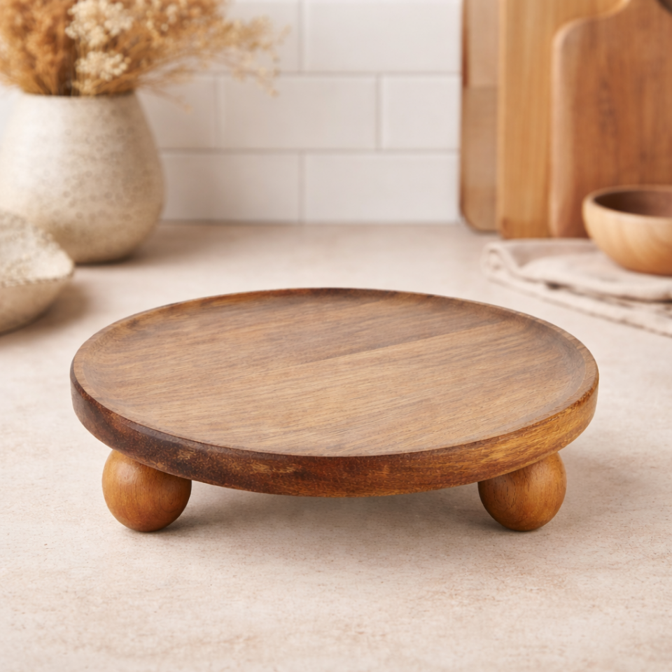 Akasya Yuvarlak Sunum Tabağı Topuzlu Kahvaltı Sunumu Peynir Tabağı 25 cm