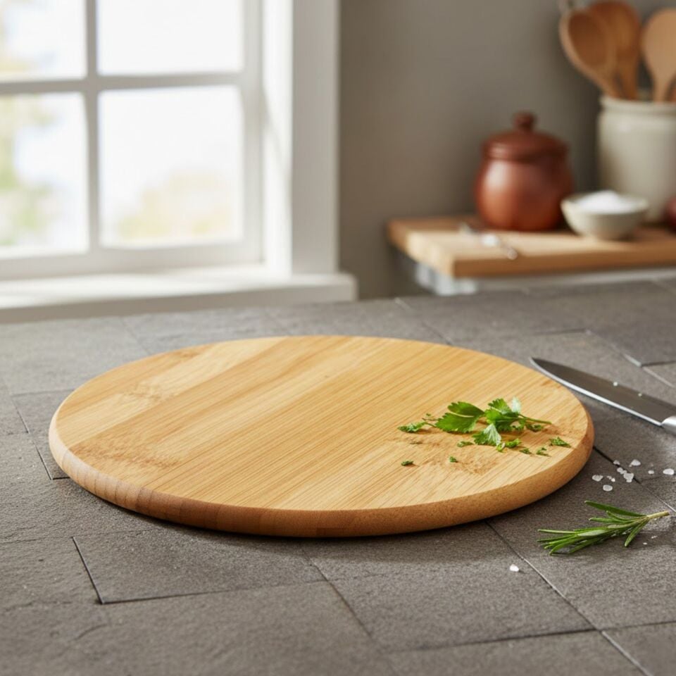 Yuvarlak Bambu Dönerli Kesme Sunum Tahtası Pizza Tabağı Mutfak Aksesuarı 30 cm
