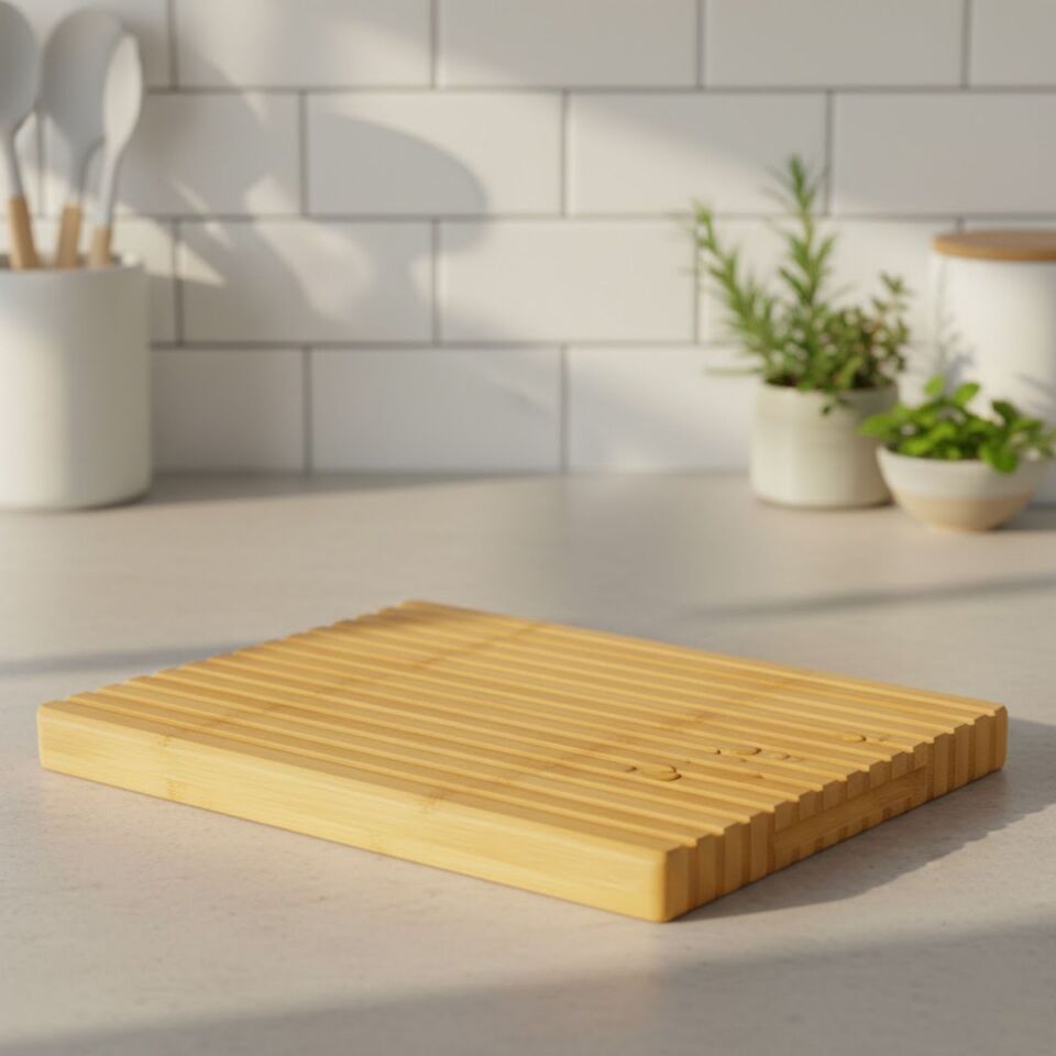 Bambu Kesme Tahtası Ekmek Dilimleyici Oluklu Mutfak Kesim Tahtası