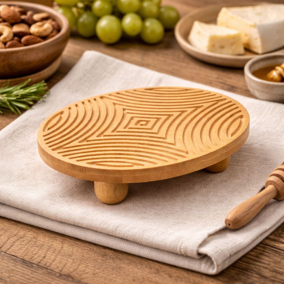 Bambu Ahşap Sunum Tepsisi Geometrik Desenli Ayaklı Servis Tabağı