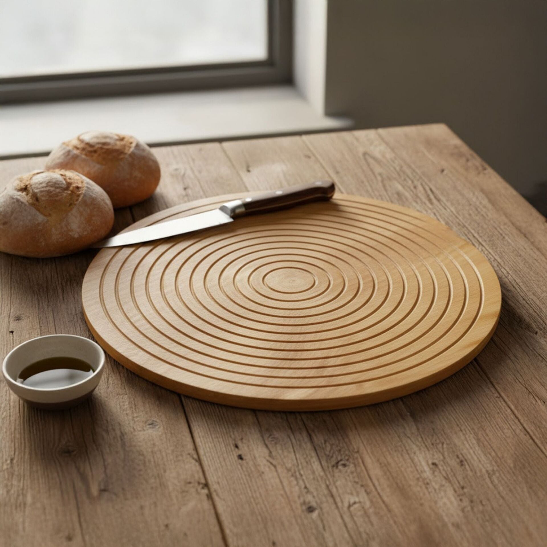Bambu Yuvarlak Ekmek Kesme Tahtası Dairesel Desenli Mutfak Sunum Tahtası