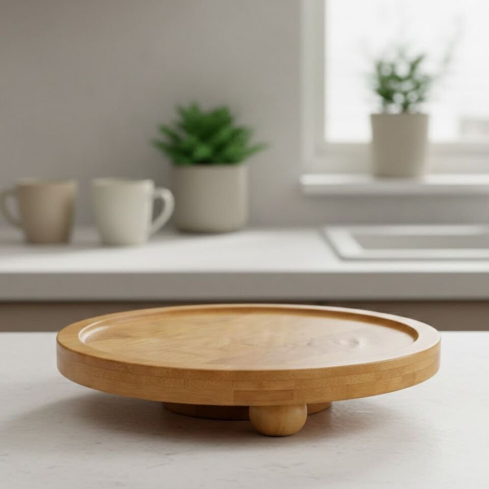 Bambu Ayaklı Yuvarlak Sunum Tepsisi - Doğal Ahşap Servis Tabağı 25 cm