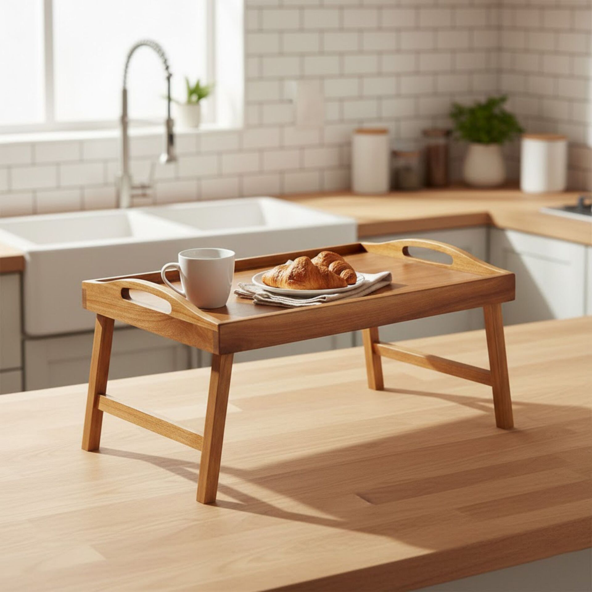 Akasya Katlanabilir Yatak Kahvaltı Tepsisi Ahşap Servis Sehpası