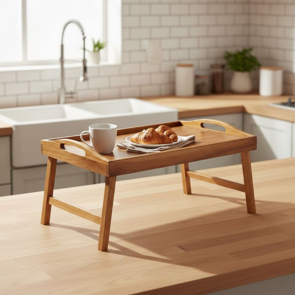 Akasya Katlanabilir Yatak Kahvaltı Tepsisi Ahşap Servis Sehpası