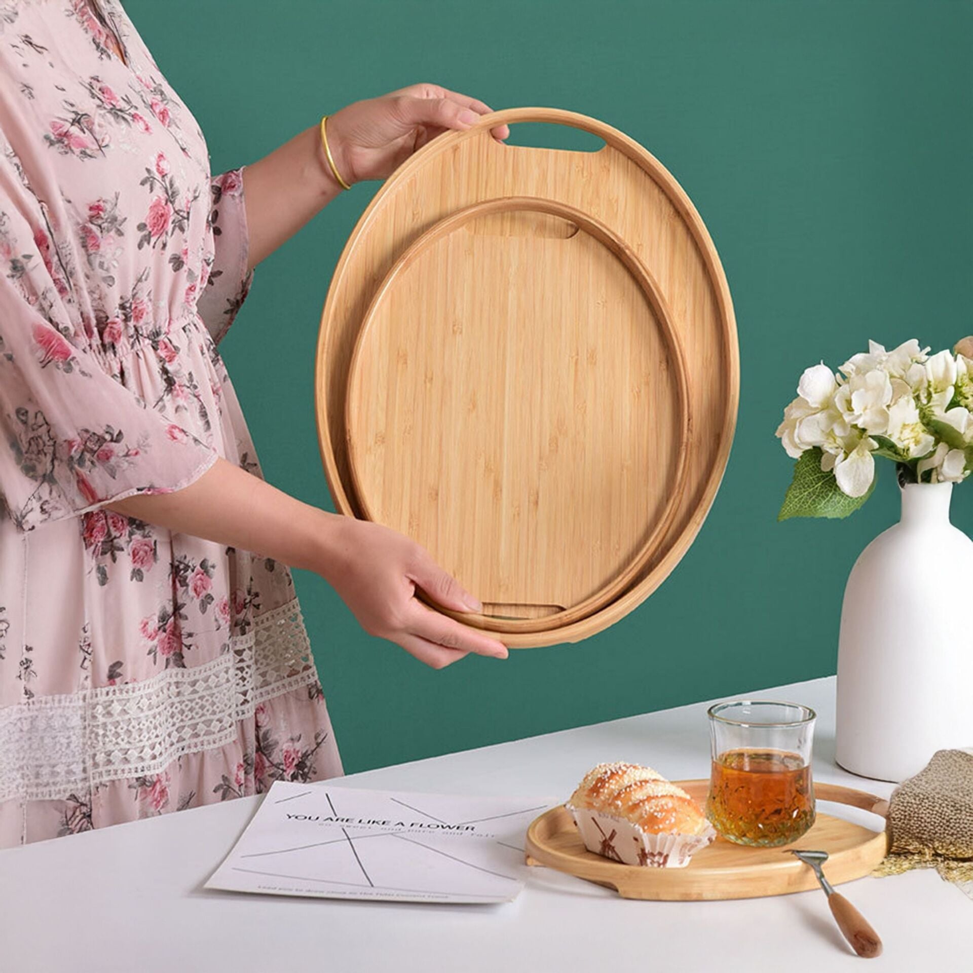 Yuvarlak Bambu Tepsi Saplı Kahvaltı Servis Tepsisi 3'lü Set Doğal Ahşap Sunum