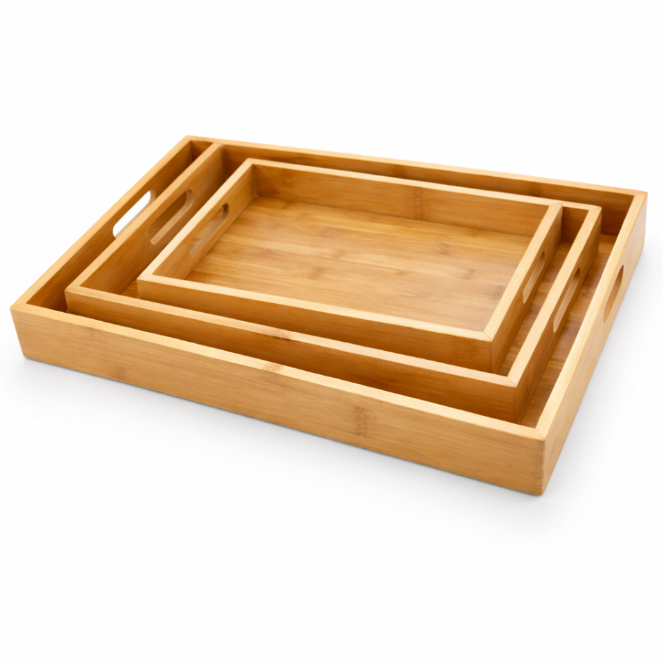 Bambu Ahşap Servis Tepsisi 3'lü Set - Kulplu Kahvaltı Sunumu