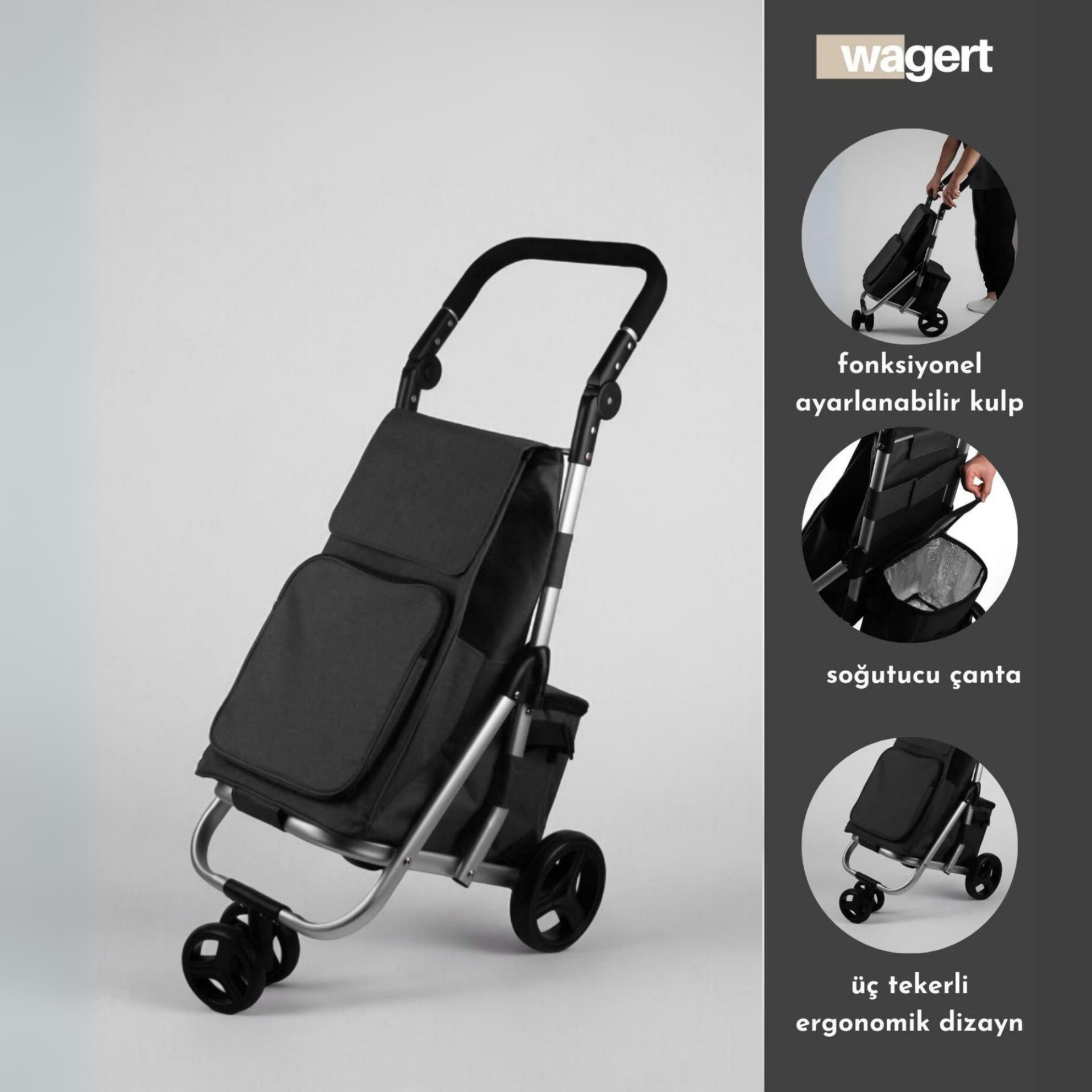 3 Tekerli Ses Yapmaz Tekerlekli Dondurucu Çantalı Alüminyum Gövdeli Lüks Pazar Arabası