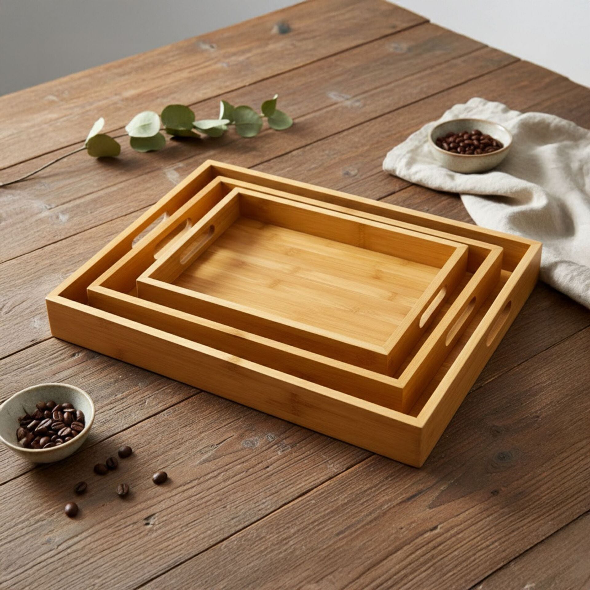 Bambu Ahşap Servis Tepsisi 3'lü Set - Kulplu Kahvaltı Sunumu