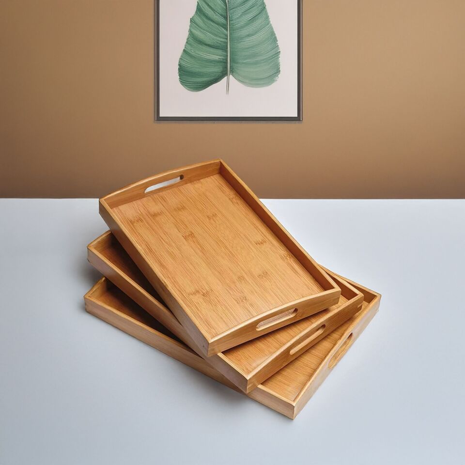 Bambu 3'lü Tepsi Seti - Kahvaltı ve Servis Tepsisi Doğal Ahşap