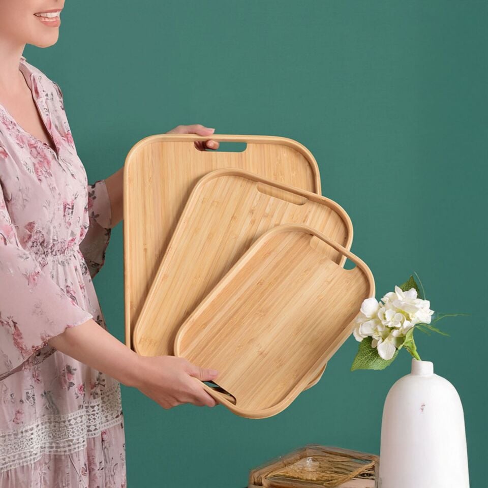Bambu Servis Tepsisi 3'lü Set - Kahvaltı ve Sunum Tepsisi Saplı
