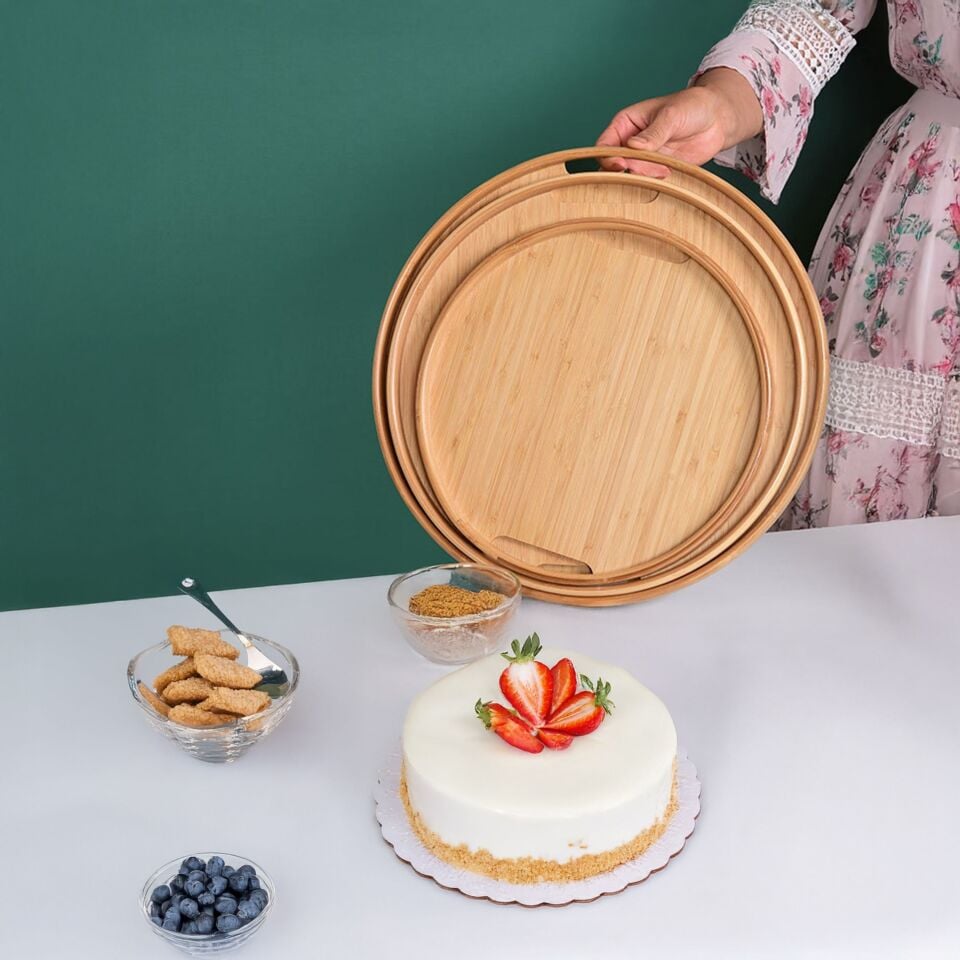 Ahşap Yuvarlak Servis Tepsisi 3'lü Set Doğal Bambu Sunum Tepsisi