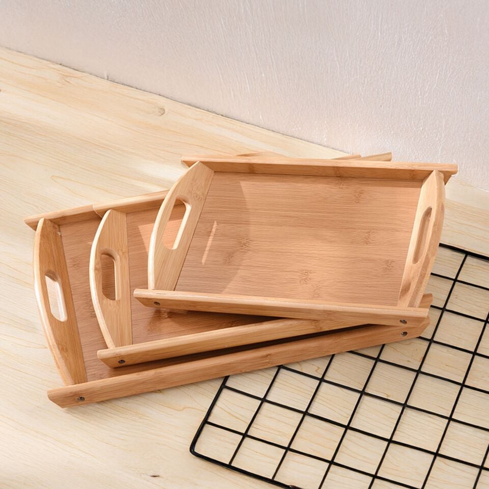 Bambu Kahvaltı Servisi Tepsi Seti 3'lü Kulplu Sunum Tepsisi