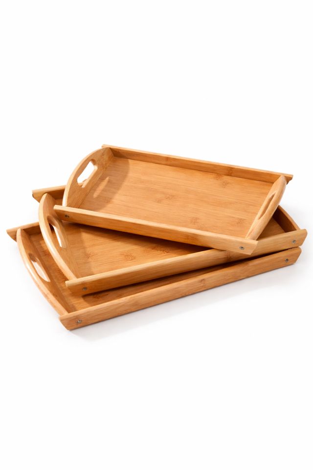 Bambu Kahvaltı Servisi Tepsi Seti 3'lü Kulplu Sunum Tepsisi