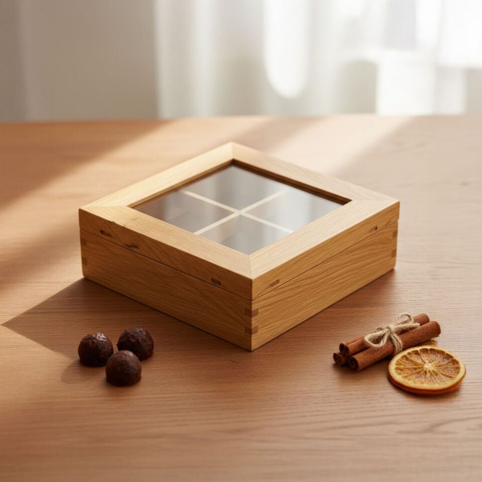 Bambu Camlı Çay Kahve Saklama Kutusu 4 Bölmeli Bambu Organizer Kutu