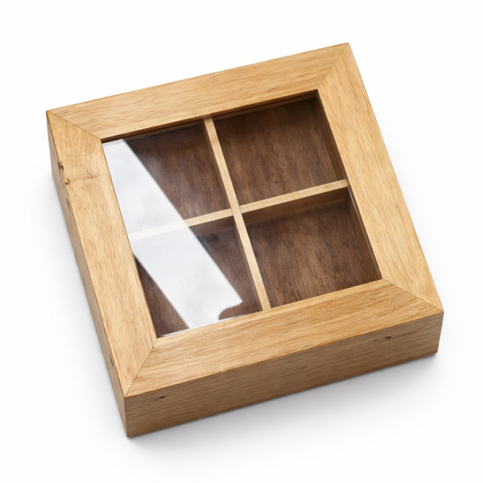 Bambu Camlı Çay Kahve Saklama Kutusu 4 Bölmeli Bambu Organizer Kutu