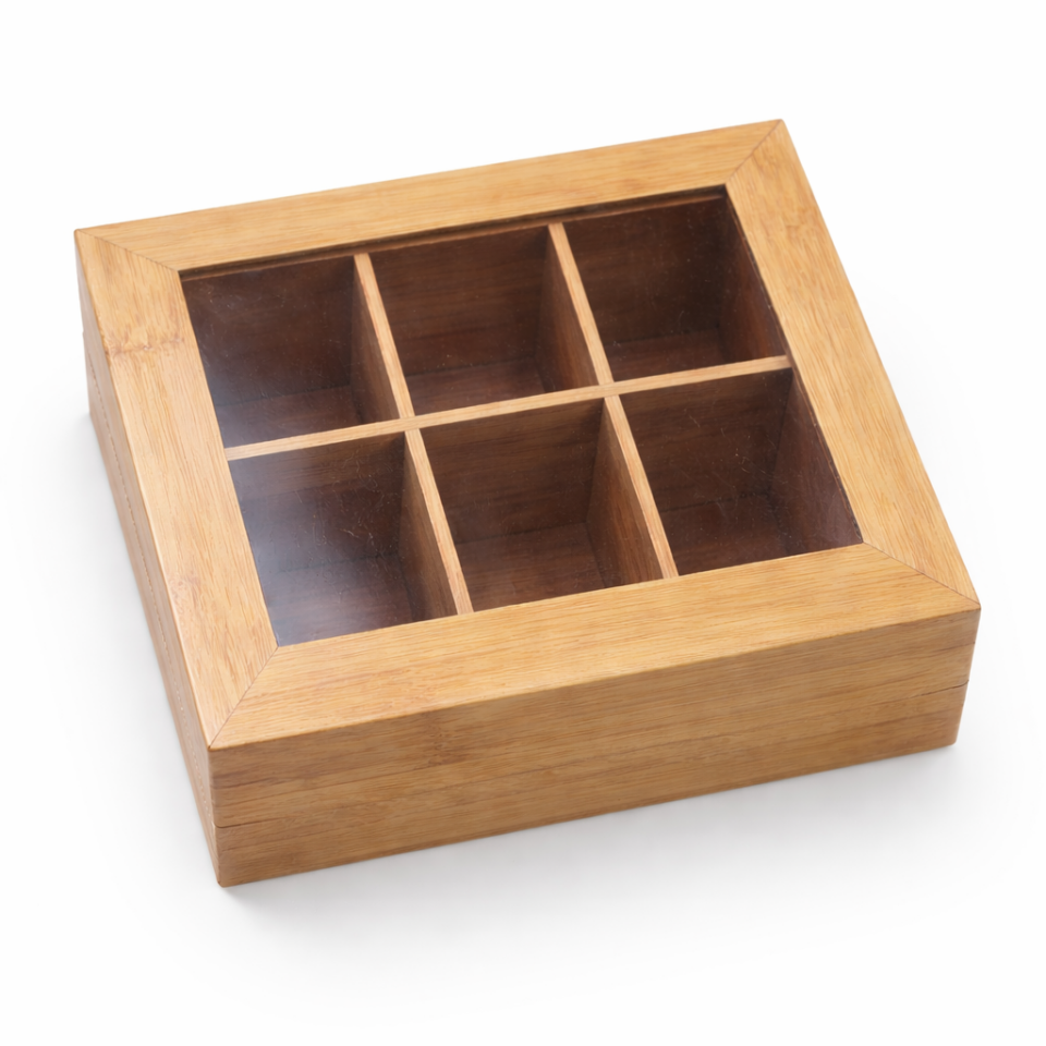 Bambu Ahşap Çay Kahve Saklama Kutusu 6 Bölmeli Kapaklı Organizer