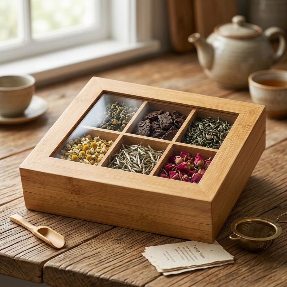 Bambu Ahşap Çay Kahve Saklama Kutusu 6 Bölmeli Kapaklı Organizer