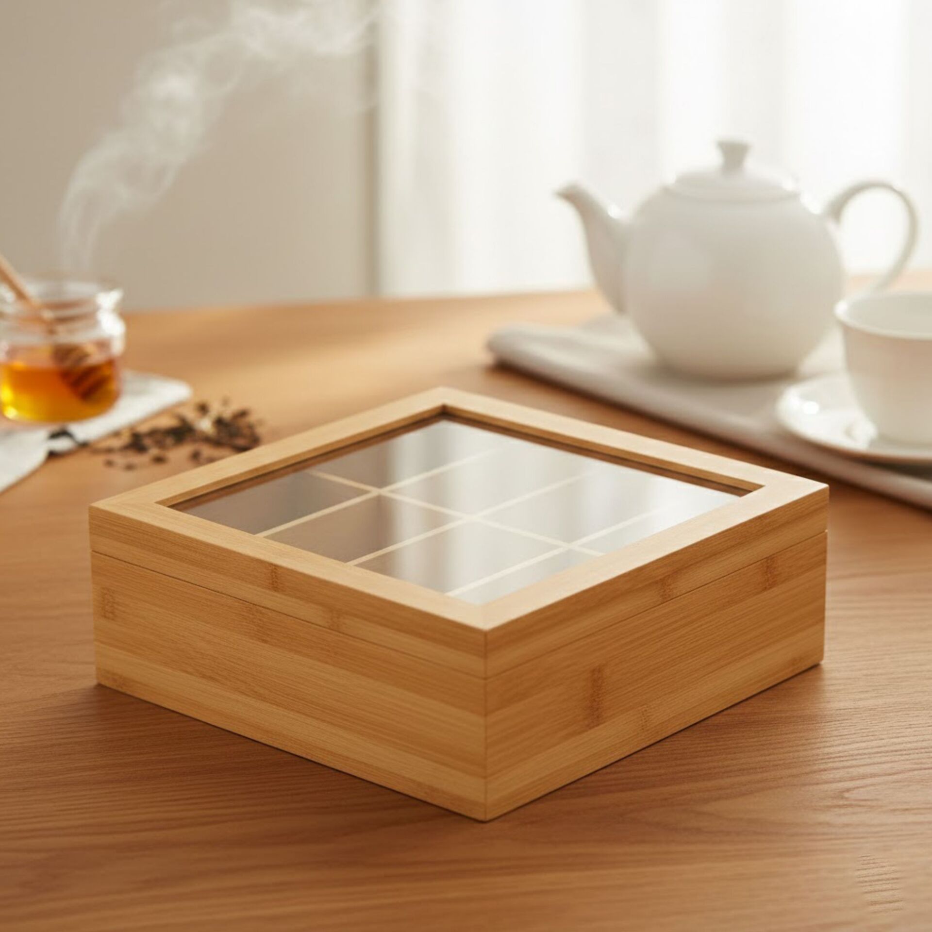 Bambu Çay Kutusu 8 Bölmeli Cam Kapaklı Ahşap Çay Saklama Kabı