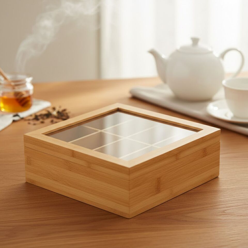 Bambu Çay Kutusu 8 Bölmeli Cam Kapaklı Ahşap Çay Saklama Kabı