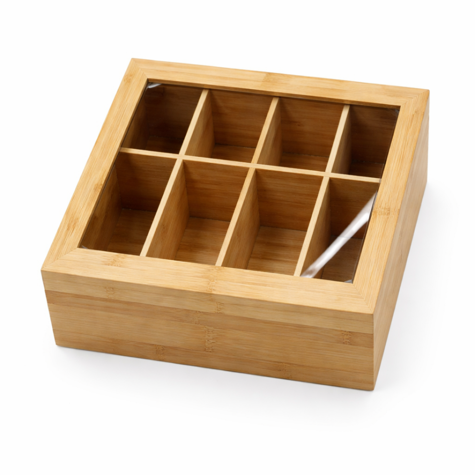 Bambu Çay Kutusu 8 Bölmeli Cam Kapaklı Ahşap Çay Saklama Kabı