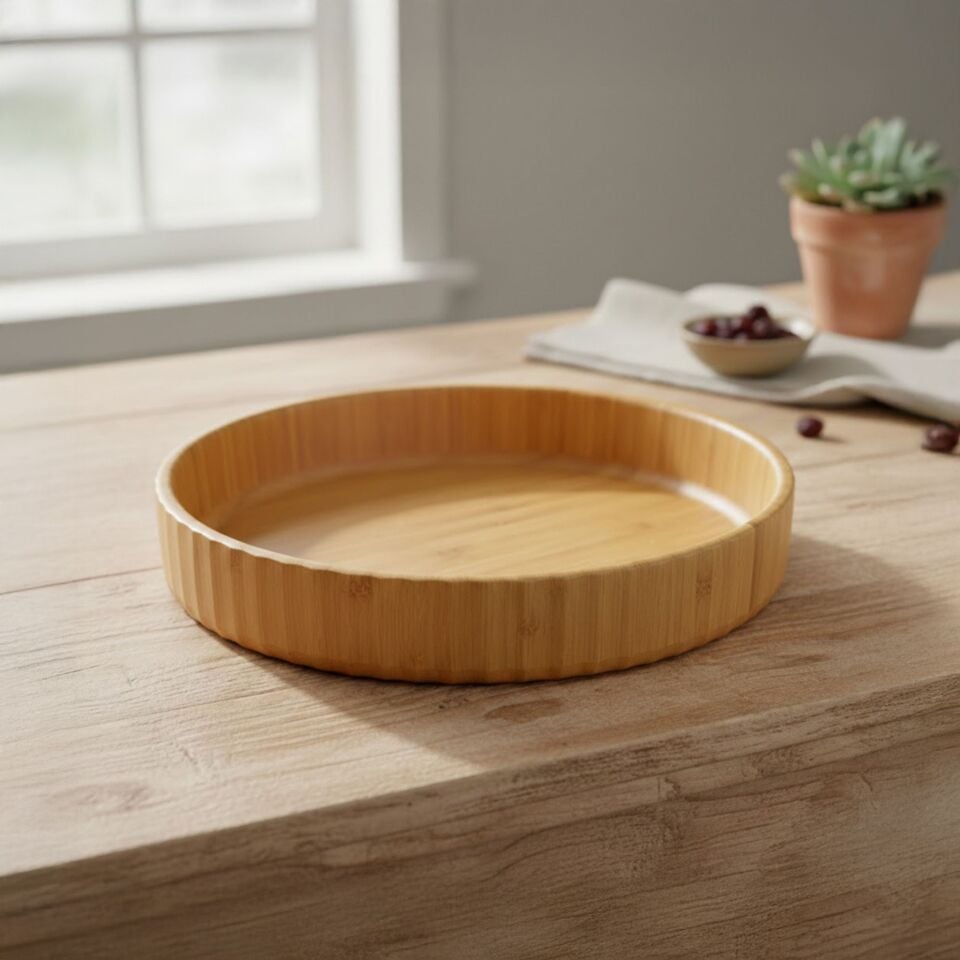 Bambu Yuvarlak Sunum Tabağı Tepsi Doğal Ahşap Servis Tabağı 14 cm