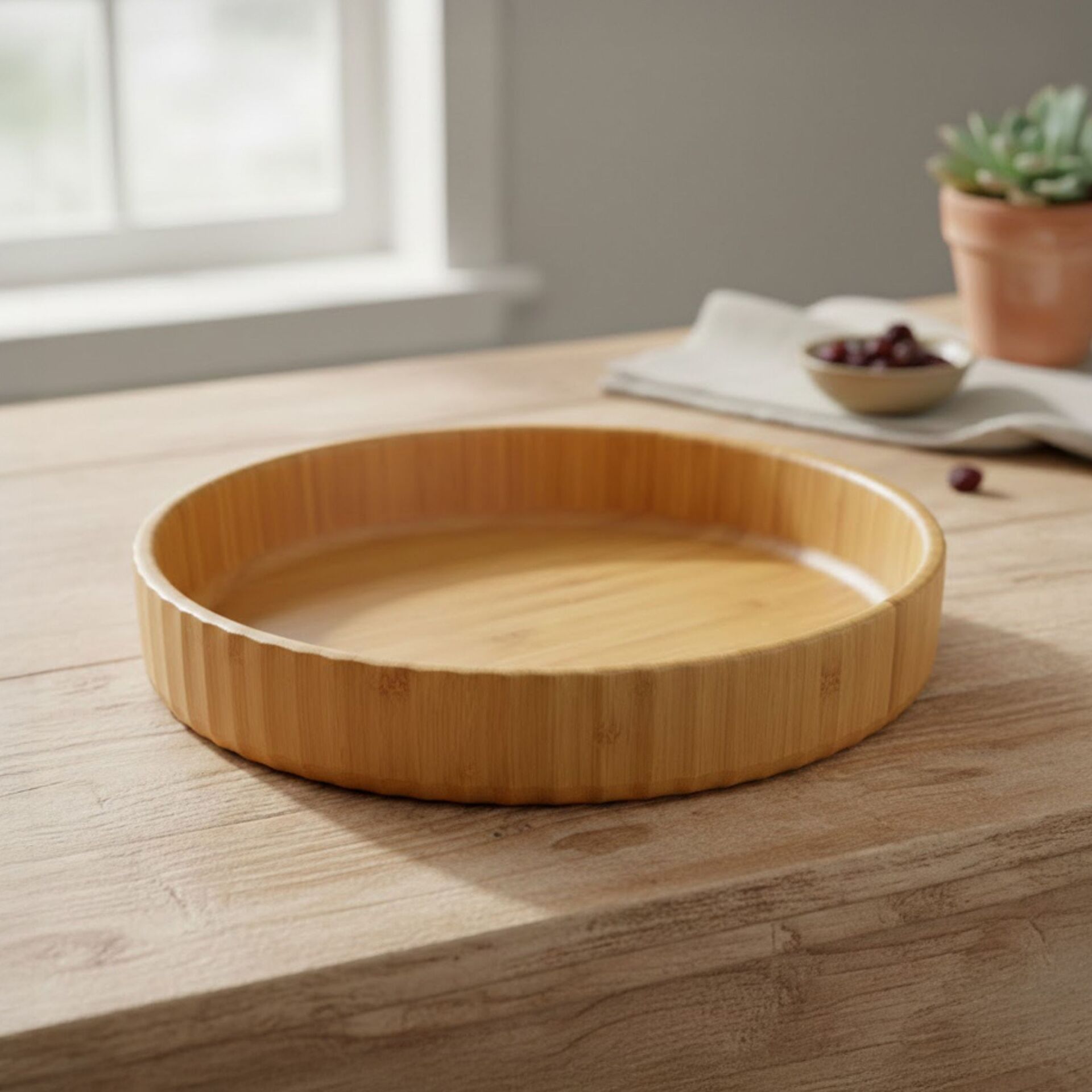 Bambu Yuvarlak Sunum Tabağı Tepsi Doğal Ahşap Servis Tabağı 21 cm
