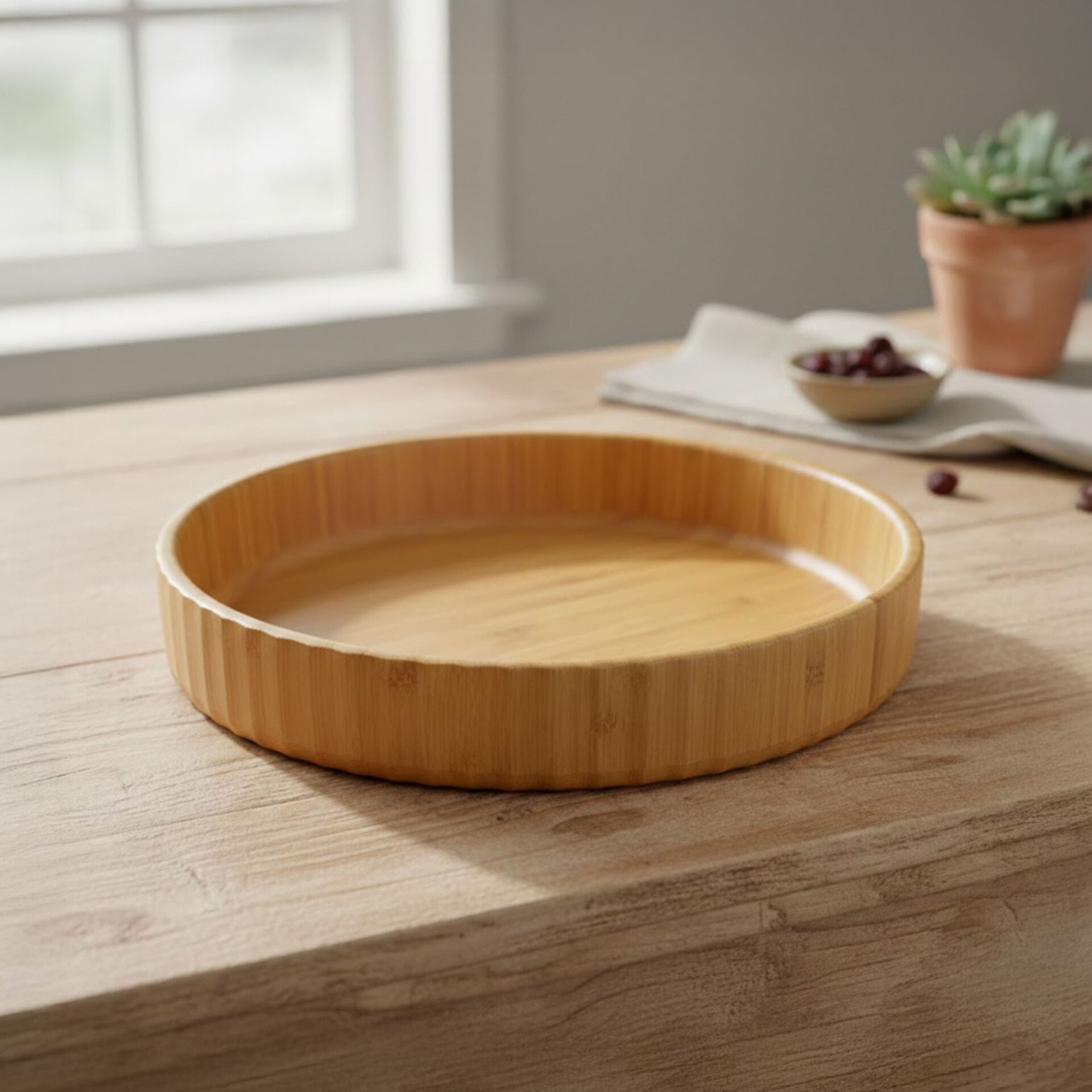 Bambu Yuvarlak Sunum Tabağı Tepsi Doğal Ahşap Servis Tabağı 18 cm