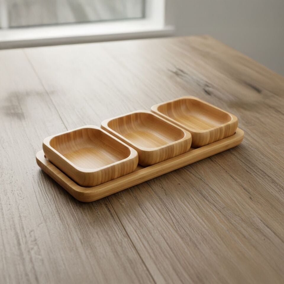 Bambu 3'lü Kahvaltılık Sosluk Sunum Seti Tabak Organik Ahşap Servis Takımı