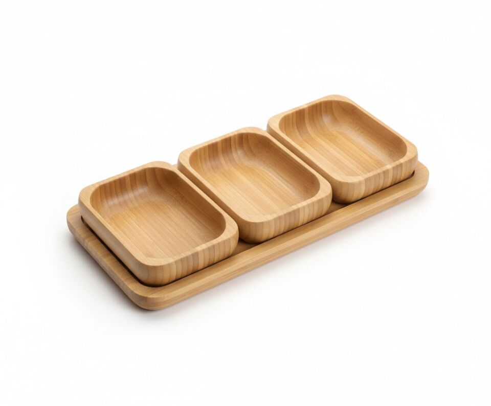 Bambu 3'lü Kahvaltılık Sosluk Sunum Seti Tabak Organik Ahşap Servis Takımı
