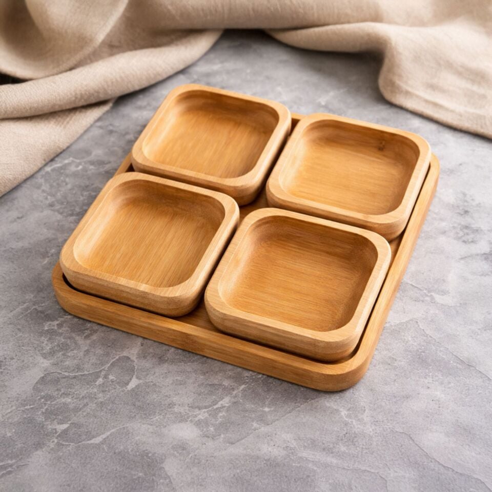 Bambu 5 Parça Bölmeli Sunum Tabağı Seti Kahvaltılık Çerezlik Aperatif Servis Tabağı