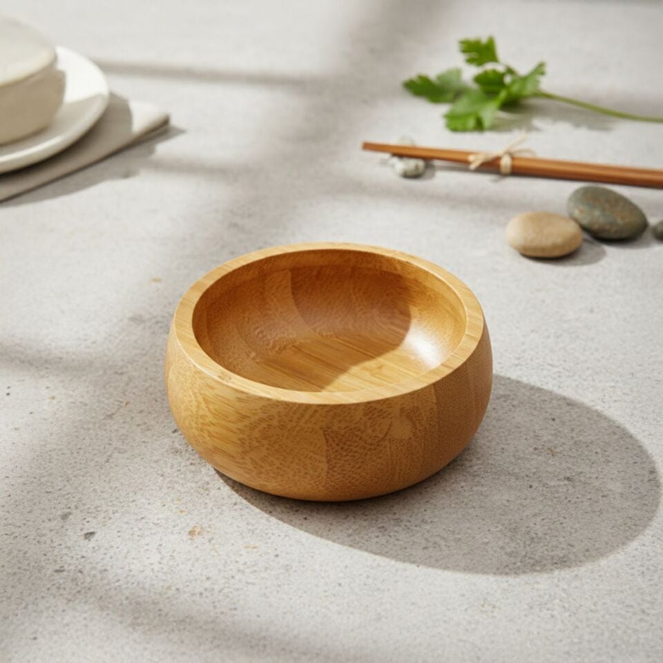 Bambu Servis Kasesi Yuvarlak Doğal Ahşap Çerezlik Salata Kasesi Mutfak Sunum Kabı
