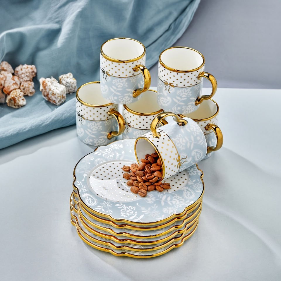 Carmen 6 Kişilik Porselen Gold Detaylı Çay Fincan Takımı