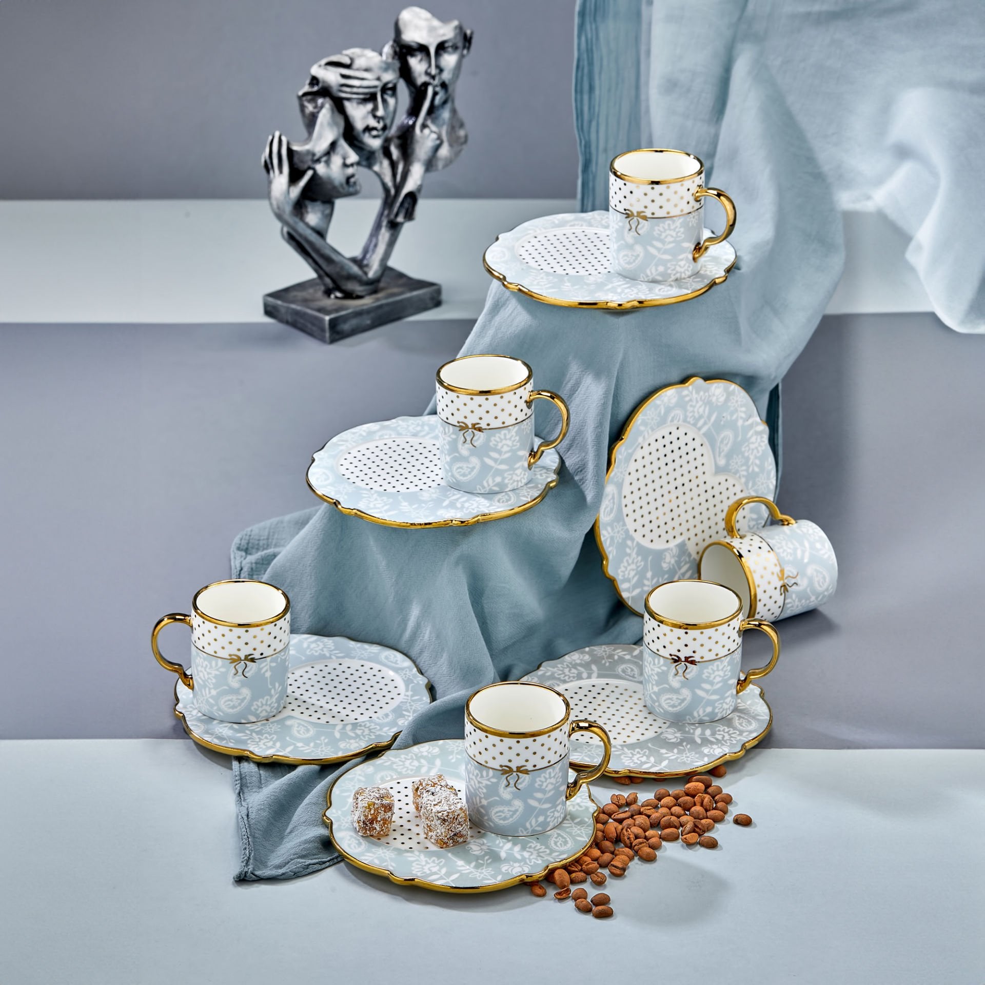 Carmen 6 Kişilik Porselen Gold Detaylı Çay Fincan Takımı