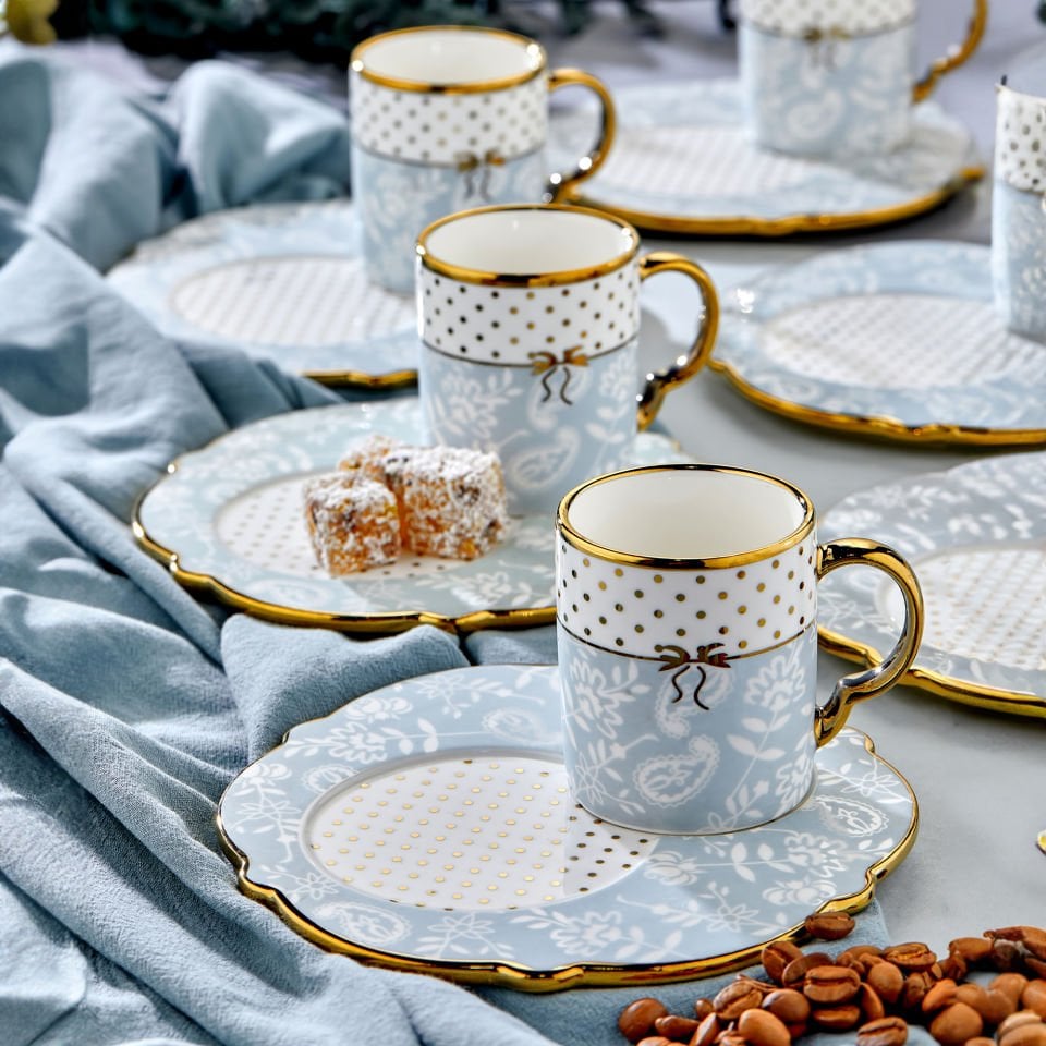 Carmen 6 Kişilik Porselen Gold Detaylı Çay Fincan Takımı