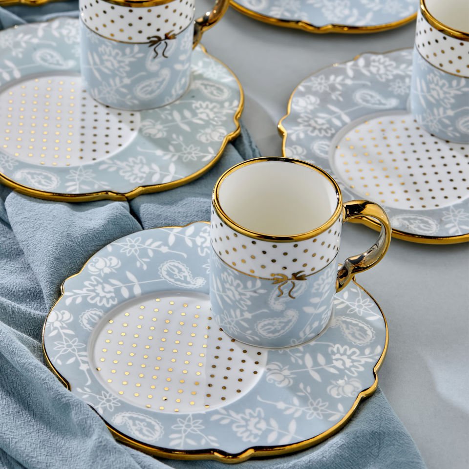 Carmen 6 Kişilik Porselen Gold Detaylı Çay Fincan Takımı