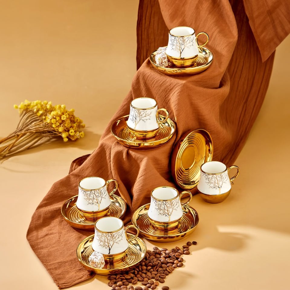 Carmen 6 Kişilik Porselen Gold Detaylı Hayat Ağacı Desenli Çay Fincan Takımı