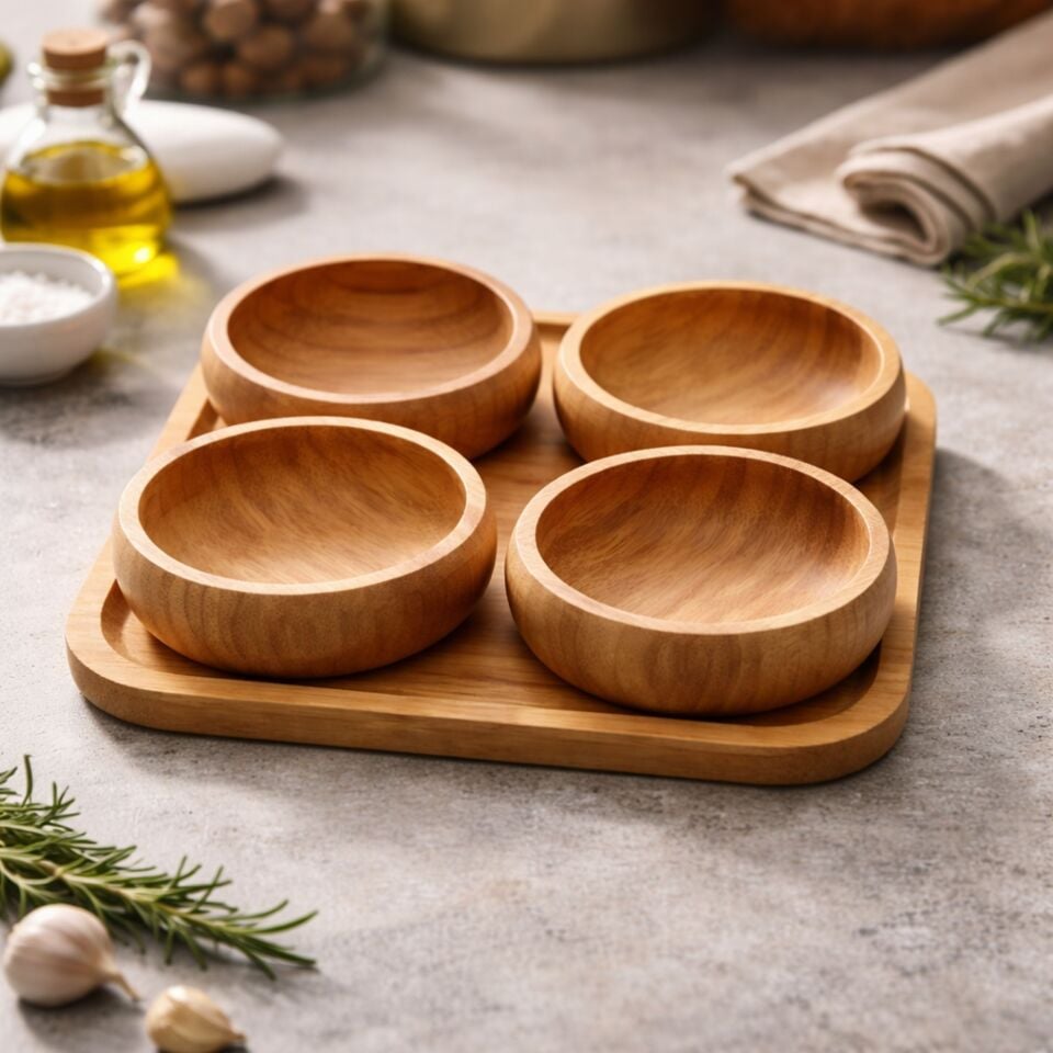 Bambu 4'lü Kahvaltılık Çerezlik Sosluk Seti Tepsili Ahşap Sunum Kasesi