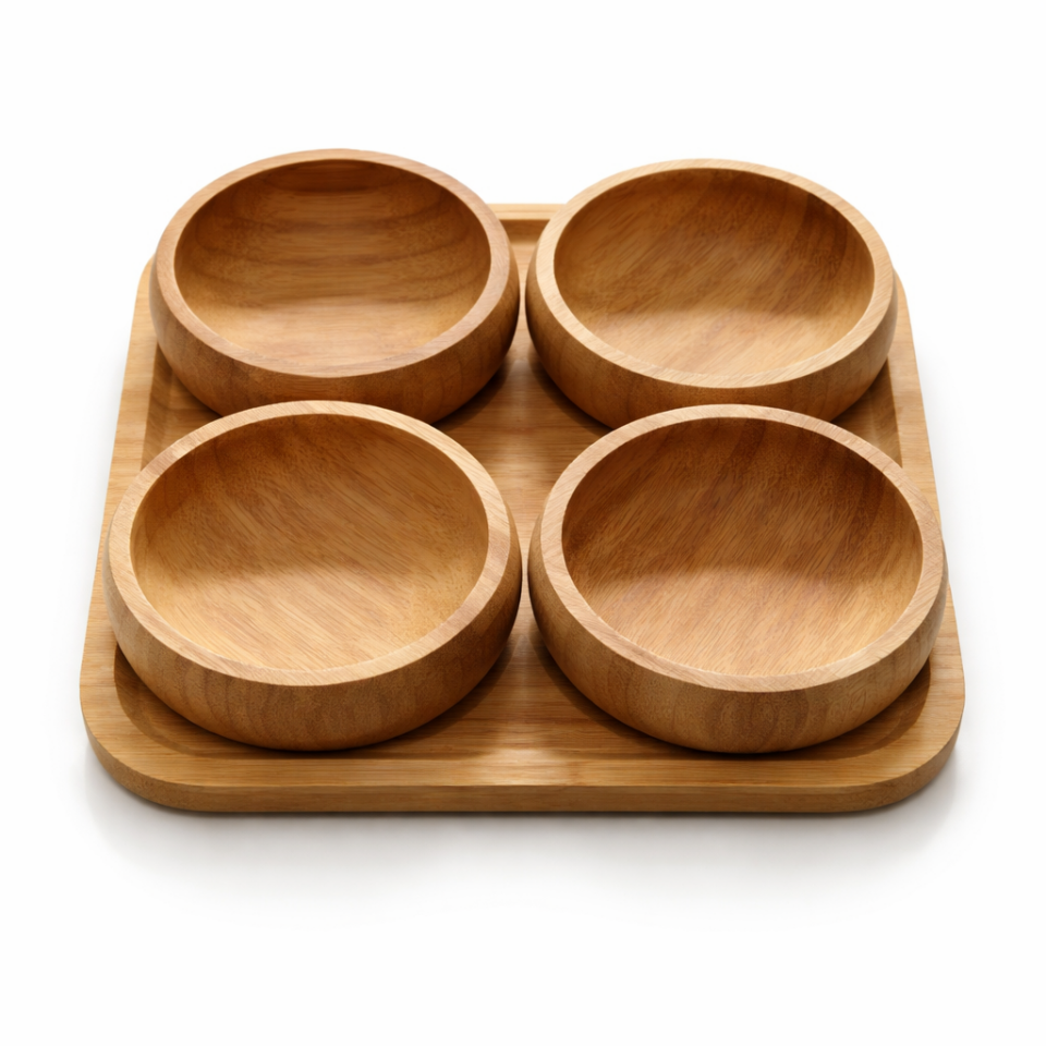 Bambu 4'lü Kahvaltılık Çerezlik Sosluk Seti Tepsili Ahşap Sunum Kasesi