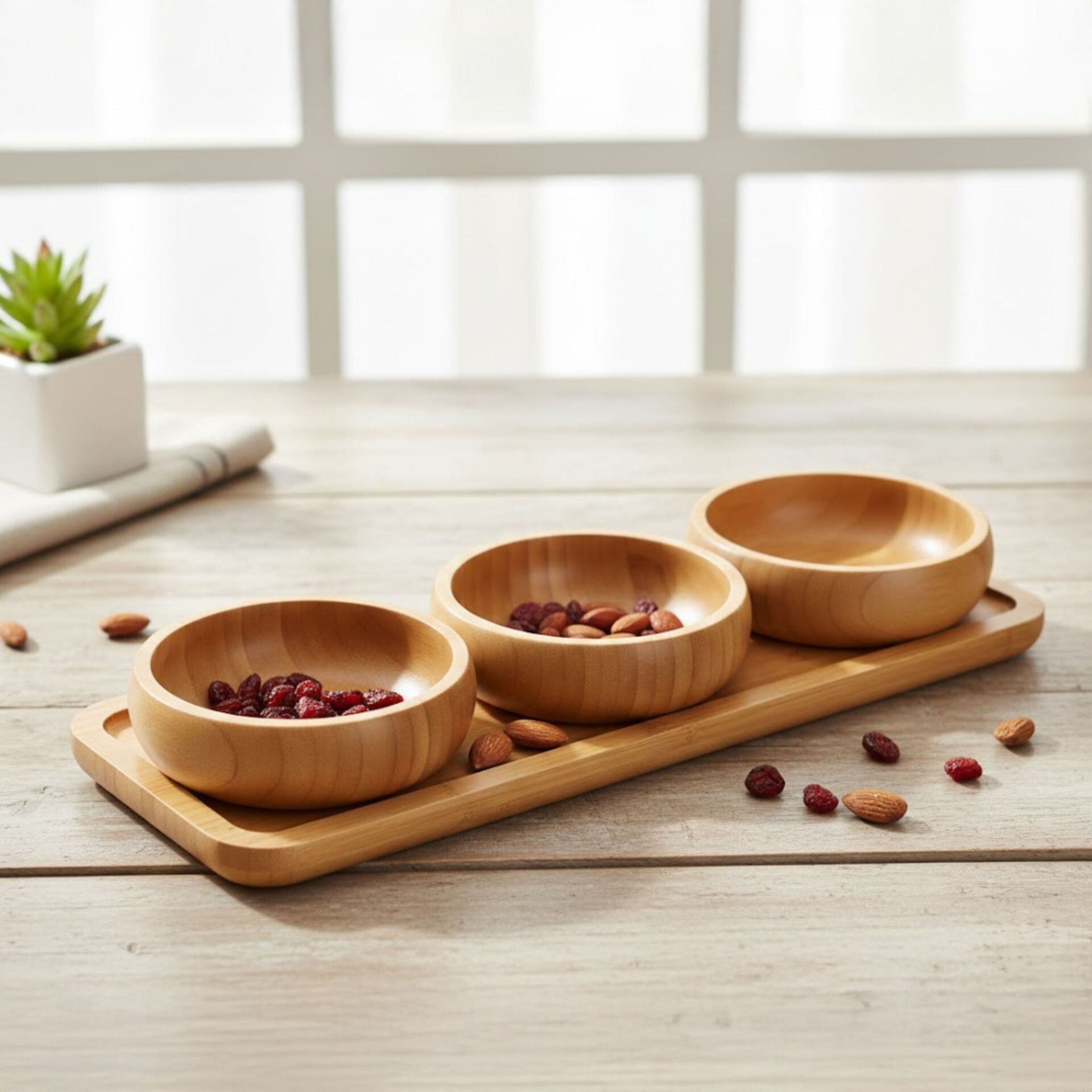 Bambu 3'lü Çerezlik Seti Tepsili Ahşap Sunum Kasesi Yemek Servisi