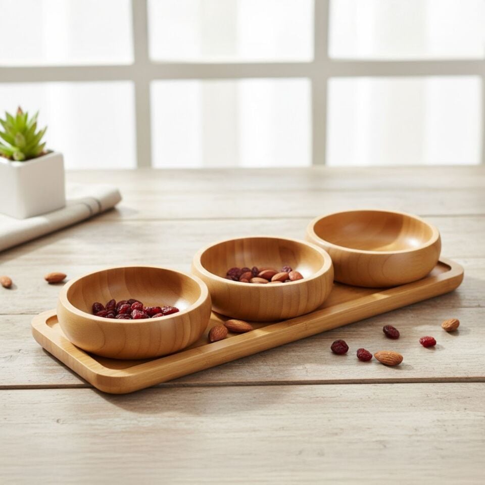 Bambu 3'lü Çerezlik Seti Tepsili Ahşap Sunum Kasesi Yemek Servisi