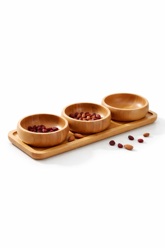 Bambu 3'lü Çerezlik Seti Tepsili Ahşap Sunum Kasesi Yemek Servisi