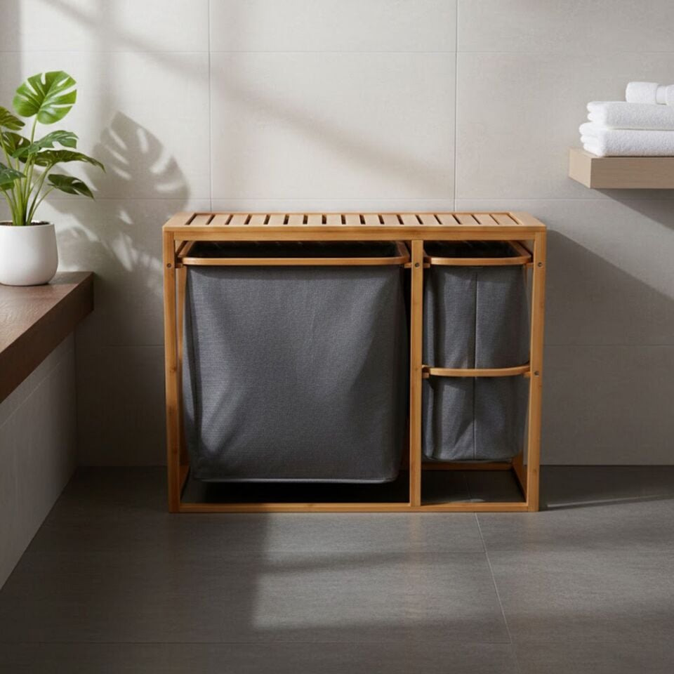 Bambu Çamaşır Sepeti Banklı Çok Bölmeli Organizer Oturma Bankı