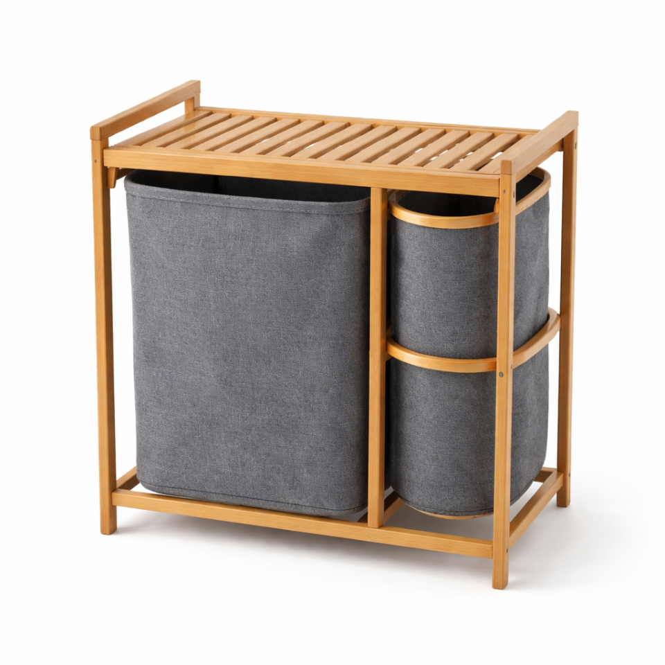 Bambu Çamaşır Sepeti Banklı Çok Bölmeli Organizer Oturma Bankı