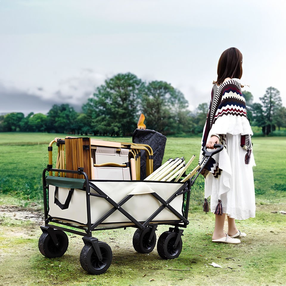 Büyük Boy Katlanabilir Kamp Arabası – Alüminyum Gövdeli Taşıma Vagonu Piknik ve Seyahat İçin haki Krem