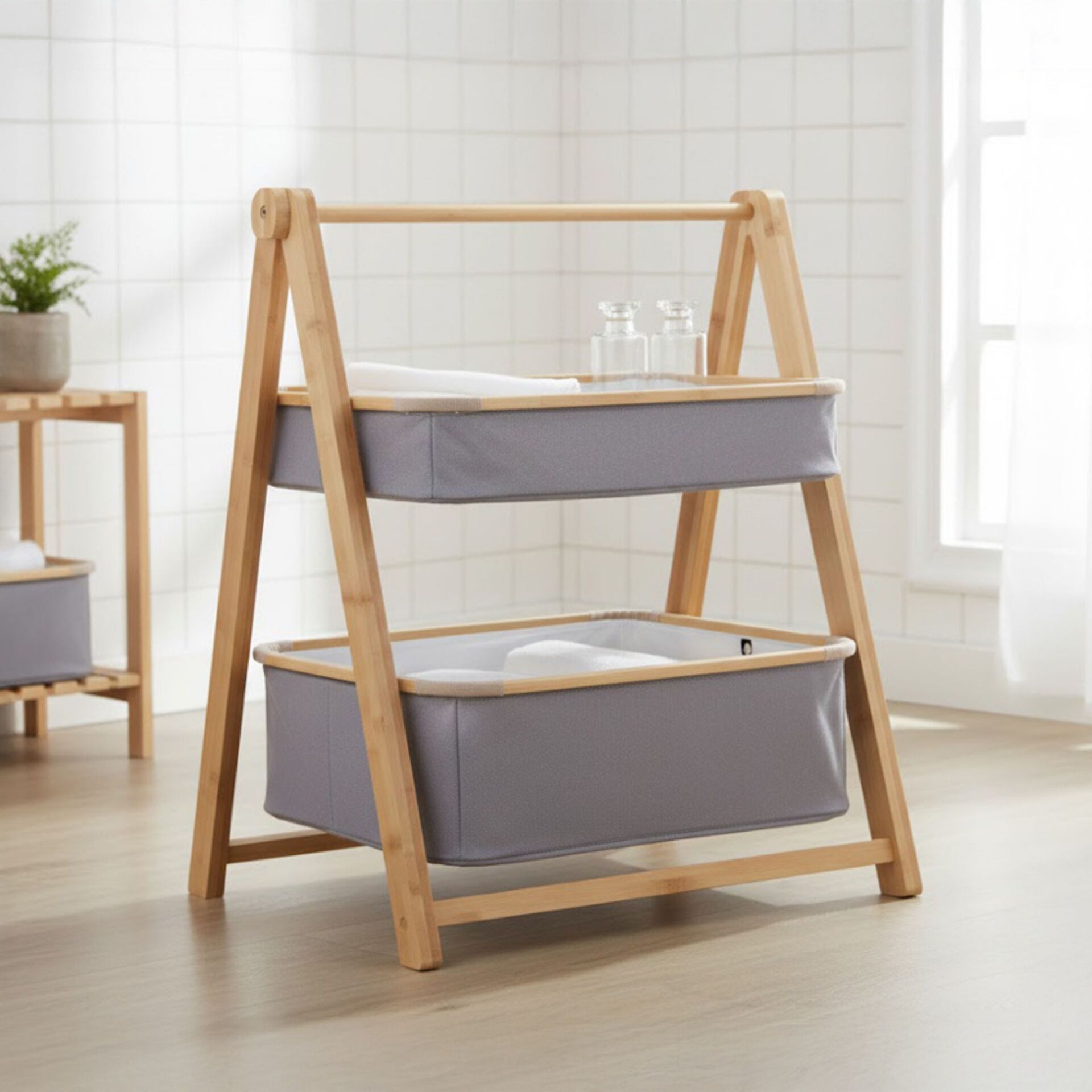 Ahşap Ayaklı 2 Katlı Çok Amaçlı Banyo Sepeti Düzenleyici Organizeri