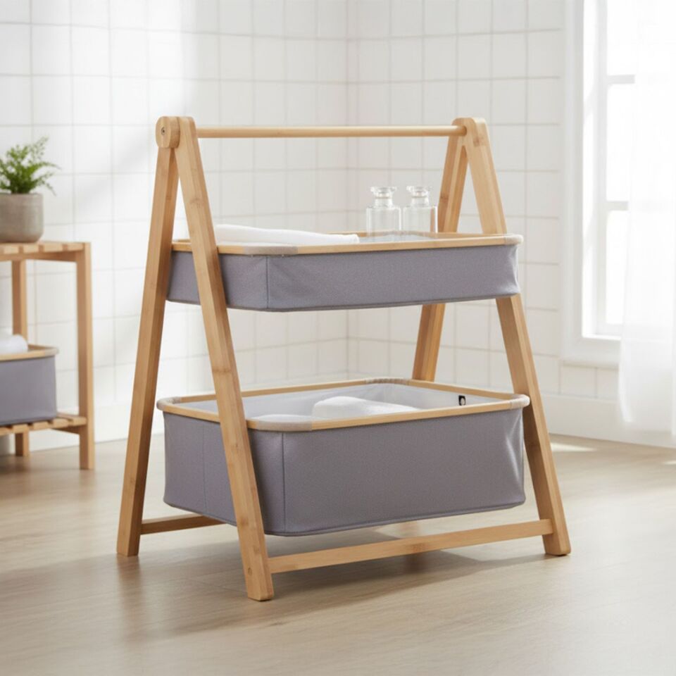 Ahşap Ayaklı 2 Katlı Çok Amaçlı Banyo Sepeti Düzenleyici Organizeri